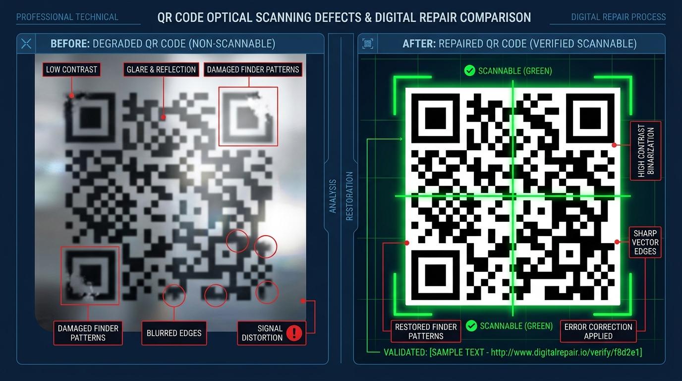 Before and after comparison of common optical QR code scanning defects versus a repaired scannable barcode