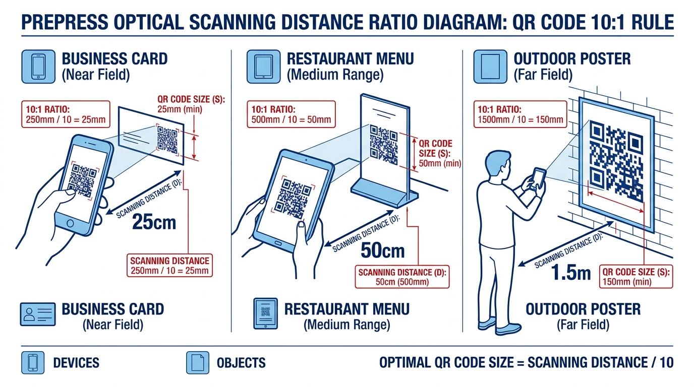 Prepress guide diagram illustrating the 10:1 scanning distance rule across business cards, tabletop menus, and posters