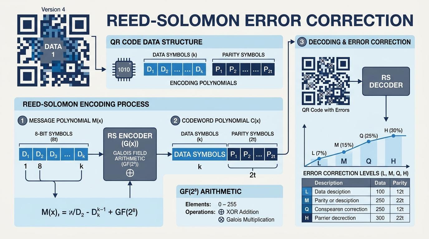 Reed-Solomon error correction engineering diagram showing QR code finder patterns, data codewords, and parity redundancy levels L, M, Q, H