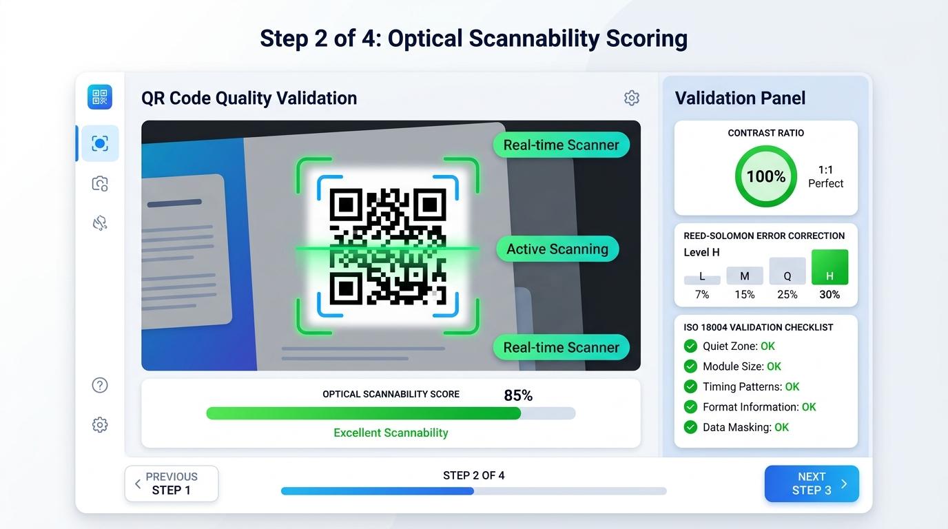 Step 2: Real-time optical validation showing camera scanner reticle, contrast scoring, and Reed-Solomon verification